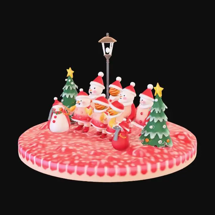 3D model for la scene represente une chorale de noel , composée de personnages habillés comme des friandises,certains sont habillés en sapins et d'autres en bonhomme de neige, ils chantent sous un reverbere de reglisse, #Christmas2025#