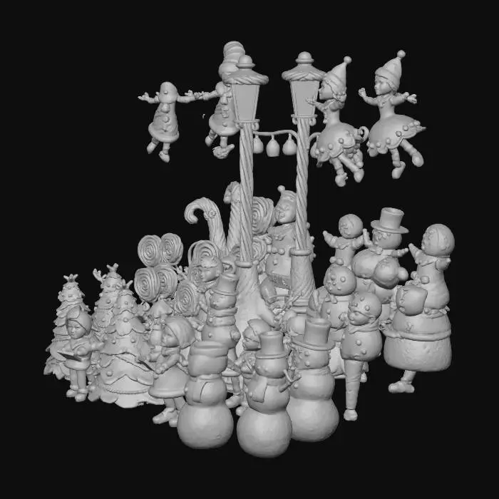 3D model for la scene represente une chorale de noel , composée de personnages habillés comme des friandises,certains sont habillés en sapins et d'autres en bonhomme de neige, ils chantent sous un reverbere de reglisse, #Christmas2025#