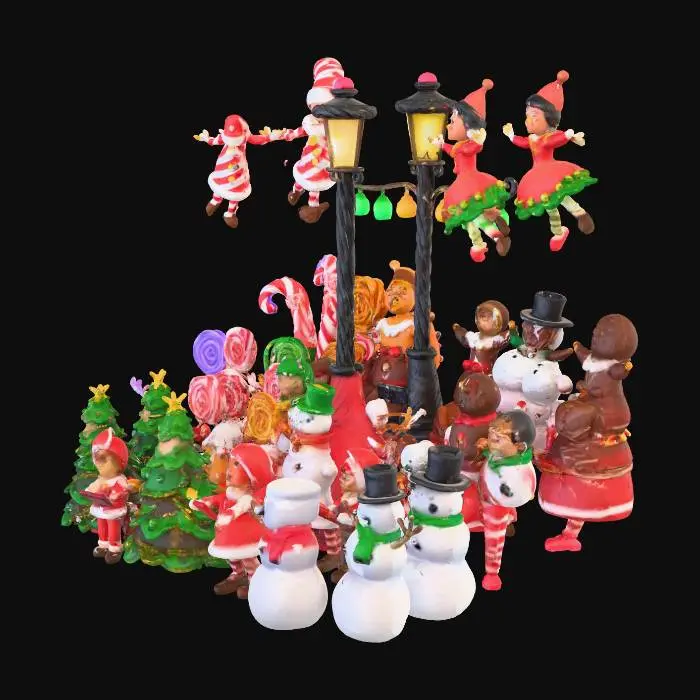 3D model for la scene represente une chorale de noel , composée de personnages habillés comme des friandises,certains sont habillés en sapins et d'autres en bonhomme de neige, ils chantent sous un reverbere de reglisse, #Christmas2025#