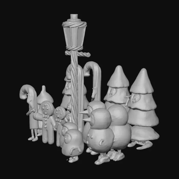 3D model for la scene represente une chorale de noel , composée de personnages habillés comme des friandises,certains sont habillés en sapins et d'autres en bonhomme de neige, ils chantent sous un reverbere de reglisse, #Christmas2025#