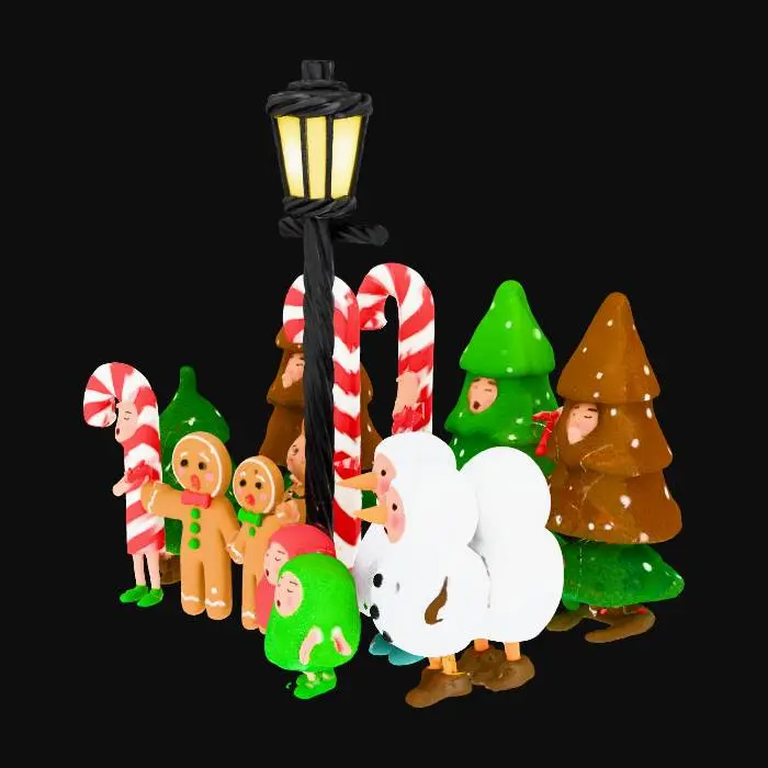 3D model for la scene represente une chorale de noel , composée de personnages habillés comme des friandises,certains sont habillés en sapins et d'autres en bonhomme de neige, ils chantent sous un reverbere de reglisse, #Christmas2025#