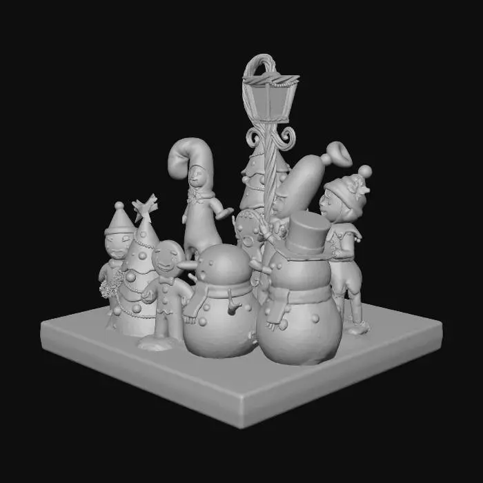 3D model for la scene represente une chorale de noel , composée de personnages habillés comme des friandises,certains sont habillés en sapins et d'autres en bonhomme de neige, ils chantent sous un reverbere de reglisse, #Christmas2025#