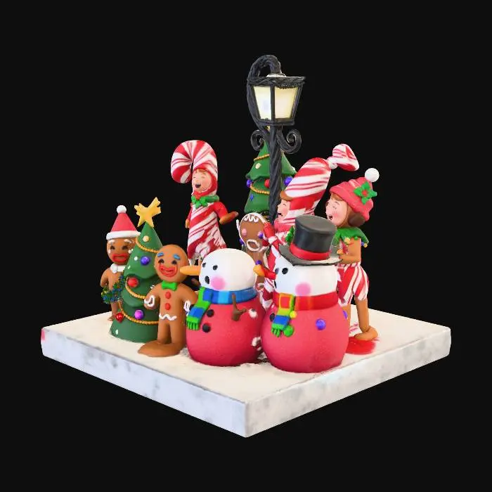 3D model for la scene represente une chorale de noel , composée de personnages habillés comme des friandises,certains sont habillés en sapins et d'autres en bonhomme de neige, ils chantent sous un reverbere de reglisse, #Christmas2025#