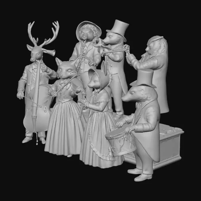 3D model for lascene represente un orchestre de musiciens de noel ,a l'epoque victorienne , les personnages ont des tetes d'animaux, #Christmas2025#