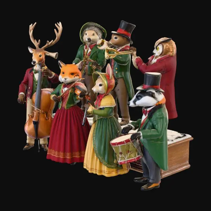 3D model for lascene represente un orchestre de musiciens de noel ,a l'epoque victorienne , les personnages ont des tetes d'animaux, #Christmas2025#