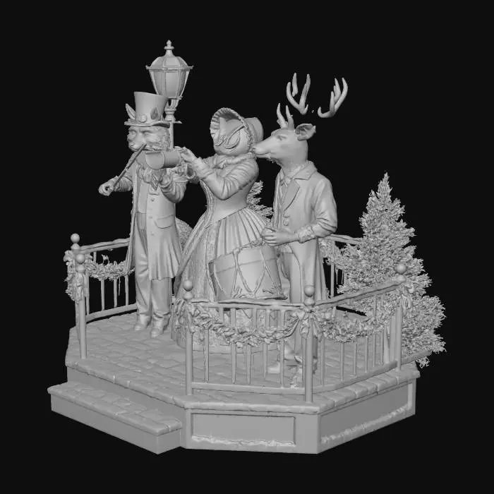 3D model for lascene represente un orchestre de musiciens de noel ,a l'epoque victorienne , les personnages ont des tetes d'animaux, #Christmas2025#