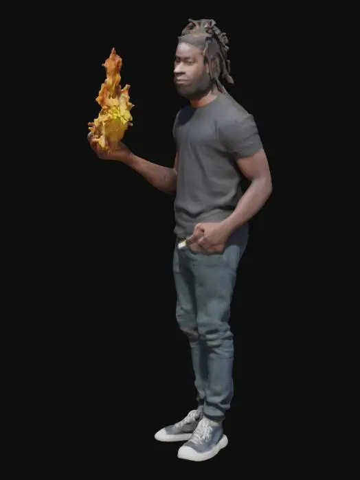 3D model for a black male at 25 age fire in his hand no beard, dreadlock style hair