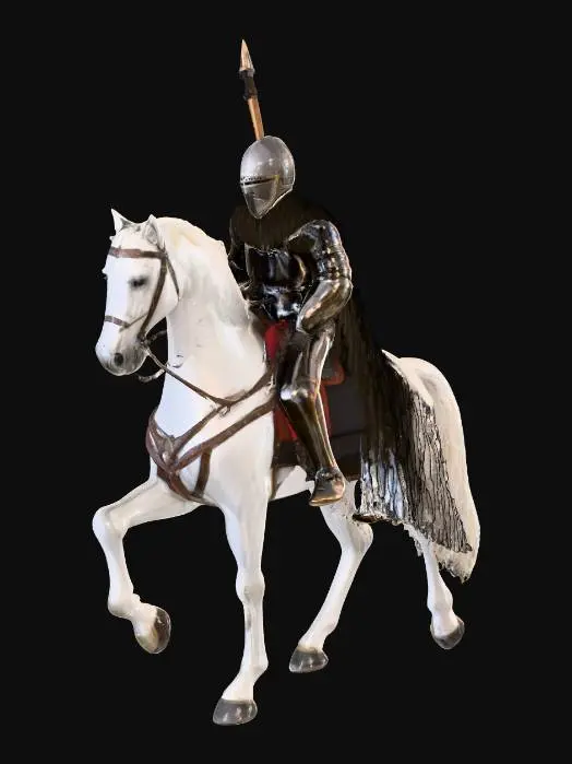 3D model for an knight on white horse, in armour of 12-th century, with wooden lance in right hand and shiny black armour