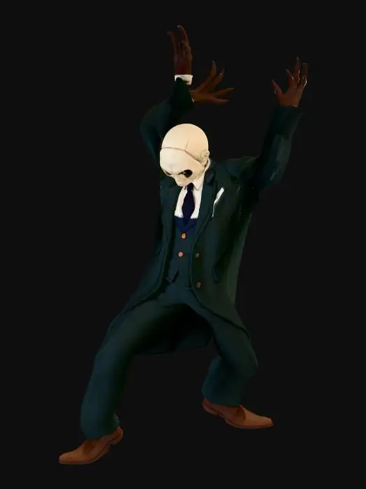 3D model for Low-poly Roblox horror character, tall and slender humanoid entity. Wearing a dirty, oversized 1950s suit. The face is a blank, pale mask with only two small, pitch-black void holes for eyes. Long, spindly fingers. Grainy VHS texture, analog horror aesthetic, creepy and uncanny. Optimized for game engine.
