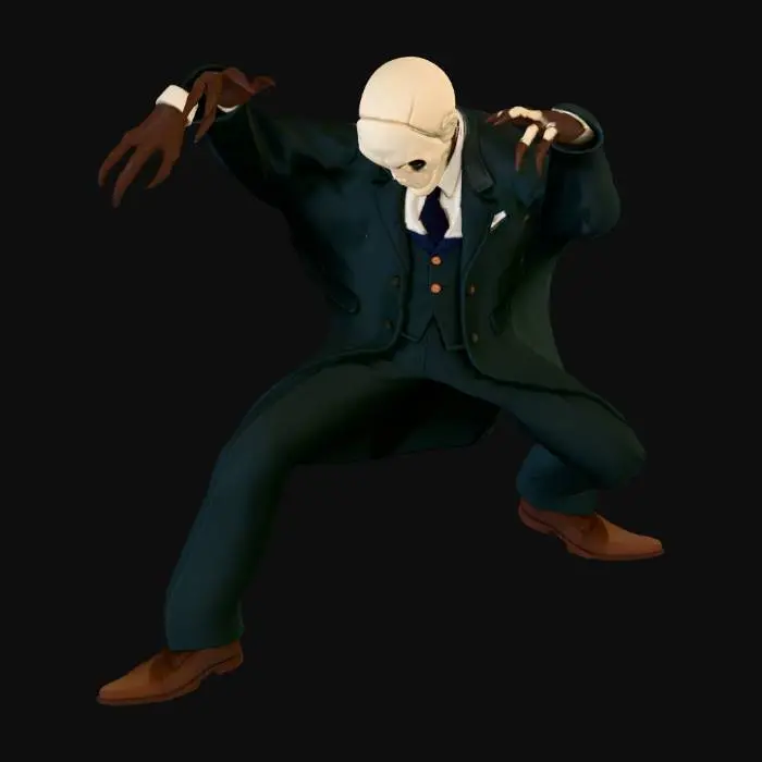 3D model for Low-poly Roblox horror character, tall and slender humanoid entity. Wearing a dirty, oversized 1950s suit. The face is a blank, pale mask with only two small, pitch-black void holes for eyes. Long, spindly fingers. Grainy VHS texture, analog horror aesthetic, creepy and uncanny. Optimized for game engine.
