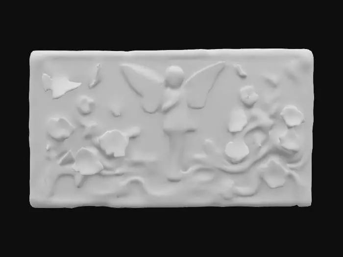 3D model for stone slab with a fairy and butterflies and flowers carved into it with a solid back. 