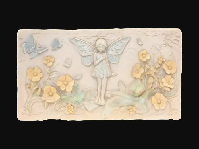 3D model for stone slab with a fairy and butterflies and flowers carved into it with a solid back. 