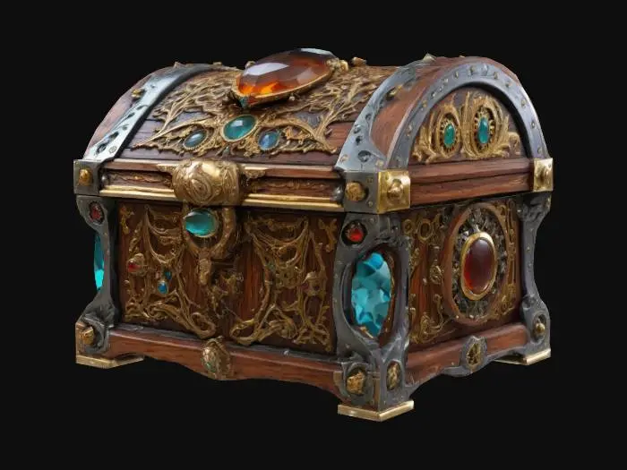 3D model for Game Assets, Steampunk, chest, Wood, Gemstone, Gold, Silver, Highly Detailed, Carved