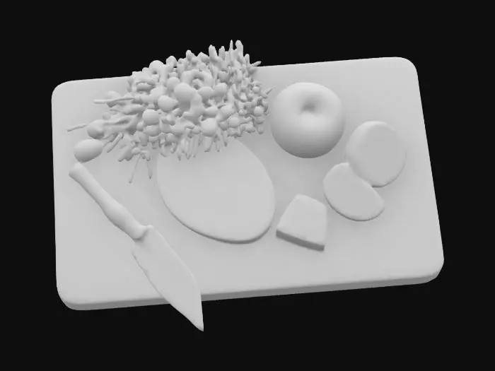 3D model for wood cutting board with a cheese wedge, grapes, apple slices and cheese knife on it. , Highly Detailed, Ultra Realistic