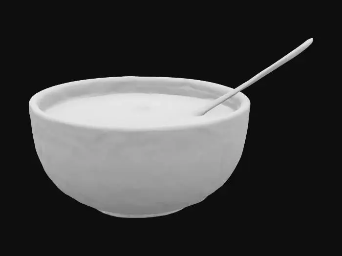 3D model for A light blue, smooth, round bowl contains creamy tomato soup with a silver spoon.