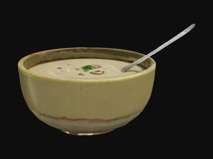 3D model for A light blue, smooth, round bowl contains creamy tomato soup with a silver spoon.