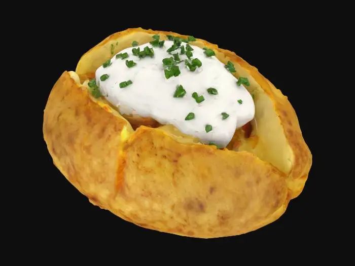 3D model for baked potato with sour cream and chives, Game Assets, Highly Detailed, Ultra Realistic