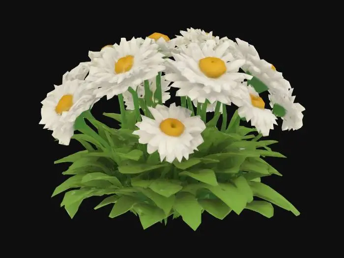 3D model for white daisies with leaves, Pixar Style, Game Assets