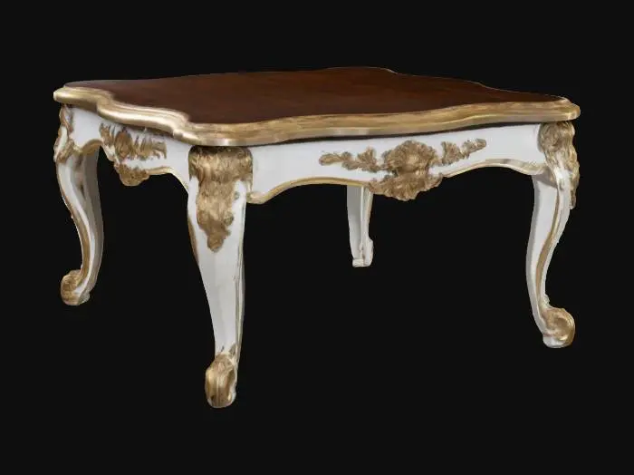 3D model for White French provincial coffee table with pale pink trim and detail, Fantasy, Game Assets, Wood, Carved, Highly Detailed, Ultra Realistic,  