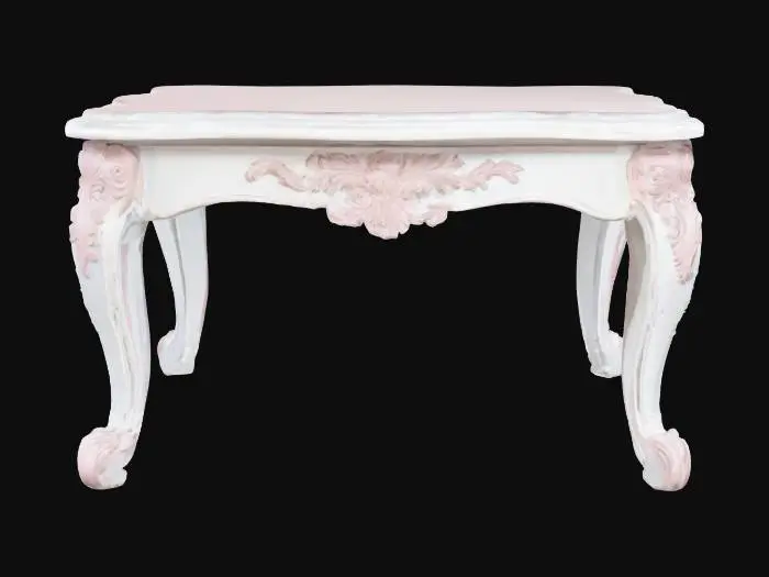 3D model for White French provincial coffee table with pale pink trim and detail, Fantasy, Game Assets, Wood, Carved, Highly Detailed, Ultra Realistic,  