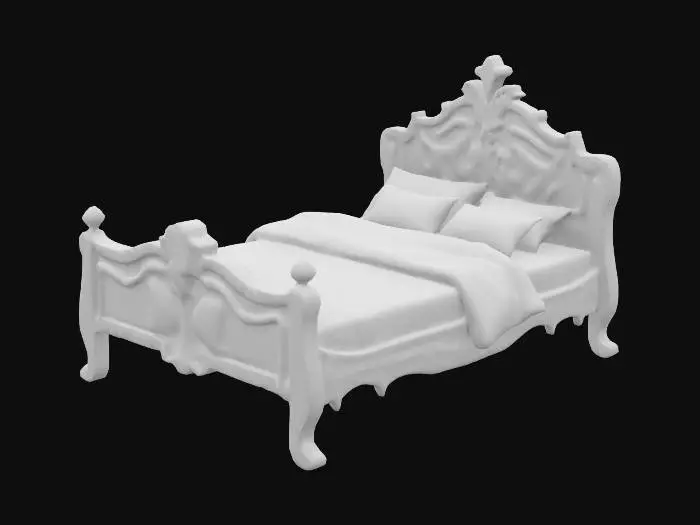 3D model for White French provincial bed with pale pink trim and detail, Fantasy, Game Assets, glossy polished carved wood,  