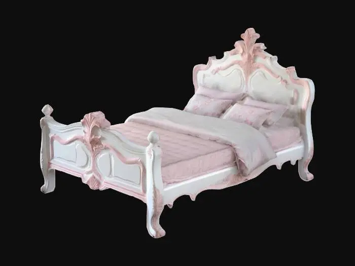 3D model for White French provincial bed with pale pink trim and detail, Fantasy, Game Assets, glossy polished carved wood,  
