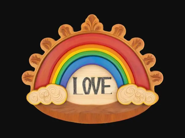 3D model for a wood carved emblem with a rainbow carved into it. The rainbow is painted rainbow colors while the rest of the wood is left natural. , Hand Painted, Game Assets, Wood, Carved, Polished, Highly Detailed, Ultra Realistic, #emblem#