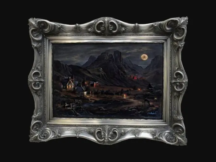 3D model for Ornate polished gold picture frame with painting of a landscape. The back should be blank solid gold. , Highly Detailed, Ultra Realistic