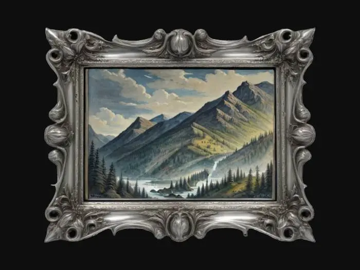3D model for Ornate polished gold picture frame with painting of a landscape. The back should be blank solid gold. , Highly Detailed, Ultra Realistic