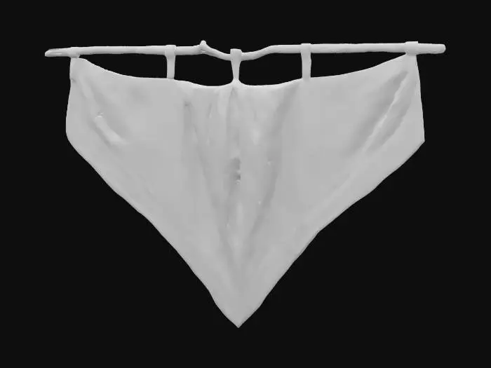 3D model for Hanging batik fabric tapestry attached to a twig. The tapestry drupes down in the center slightly., Highly Detailed, Ultra Realistic