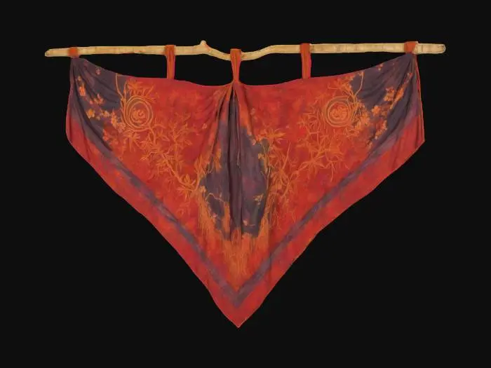 3D model for Hanging batik fabric tapestry attached to a twig. The tapestry drupes down in the center slightly., Highly Detailed, Ultra Realistic