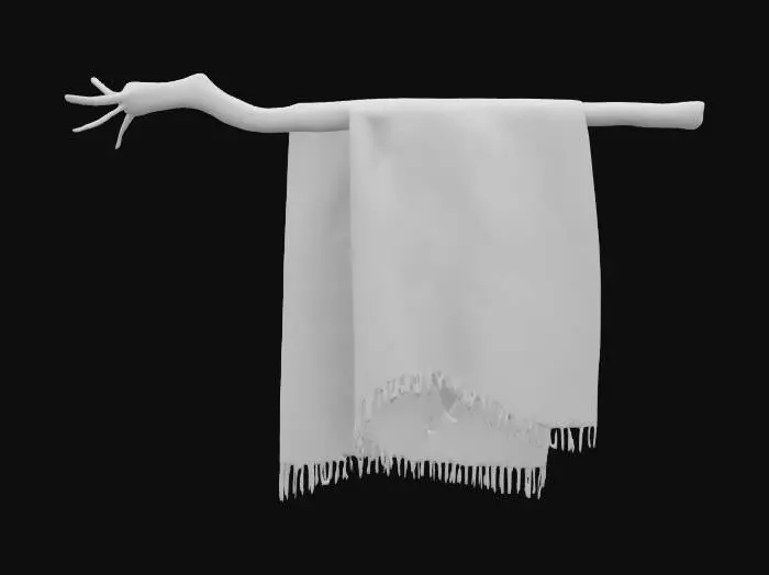 3D model for Hanging batik fabric tapestry attached to a twig. The tapestry drupes down in the center slightly., Highly Detailed, Ultra Realistic