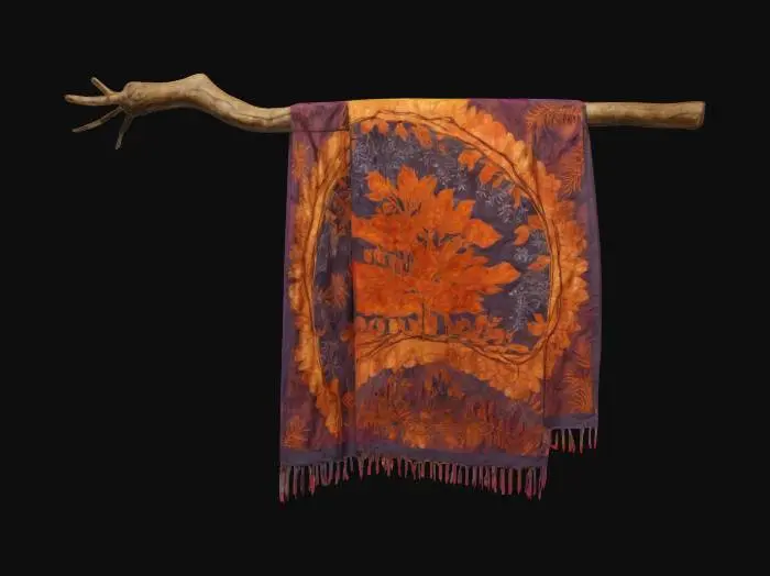 3D model for Hanging batik fabric tapestry attached to a twig. The tapestry drupes down in the center slightly., Highly Detailed, Ultra Realistic