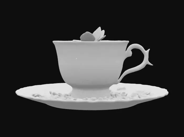 3D model for ornate glossy tea cup sitting on a saucer. In the tea cup is dirt soil and a little plant, Game Assets, Vintage, Highly Detailed, Ultra Realistic