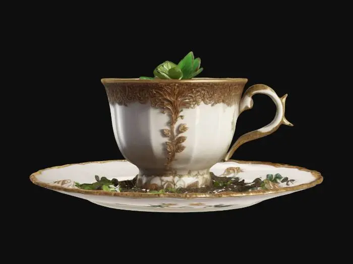 3D model for ornate glossy tea cup sitting on a saucer. In the tea cup is dirt soil and a little plant, Game Assets, Vintage, Highly Detailed, Ultra Realistic