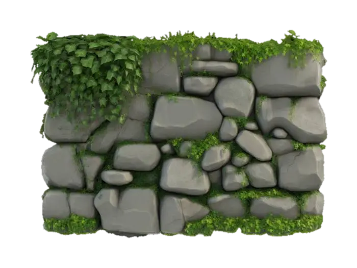Rock stone thick Wall with ivy, botanical, Game Assets, Highly Detailed, Ultra Realistic, 3D model, vytvořený pomocí AI