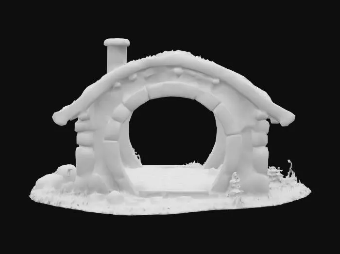 3D model for Hobbit house with a open door and windows with solid walls inside, wood, stone, moss, World of Warcraft, Game Assets, thick deep groves, thick deep lines, thick deep edges, bold dark etched lines