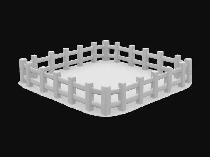 3D model for Square garden plot with a fence on three sides. The plot should be dark potting soil. The fence should be wooden. , Game Assets