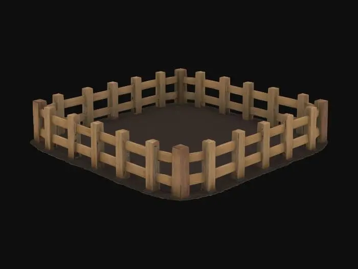 3D model for Square garden plot with a fence on three sides. The plot should be dark potting soil. The fence should be wooden. , Game Assets
