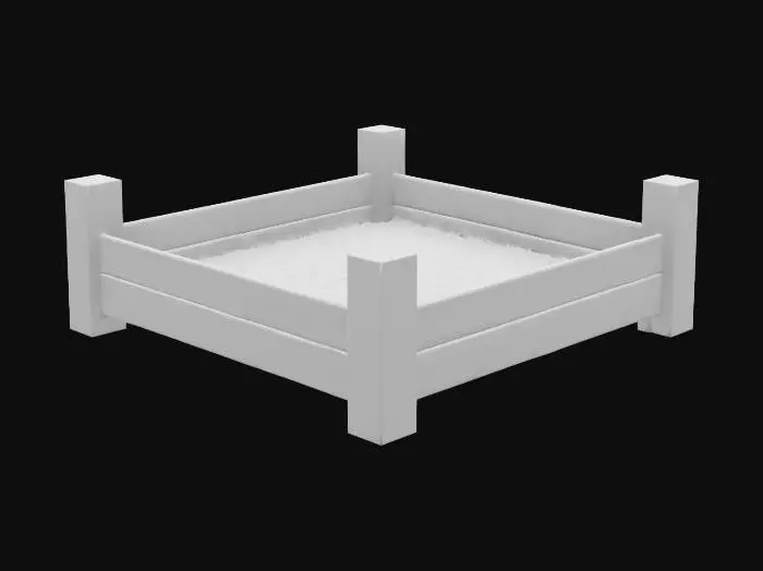 3D model for Square garden plot with a fence on three sides. The plot should be dark potting soil. The fence should be wooden. , Game Assets