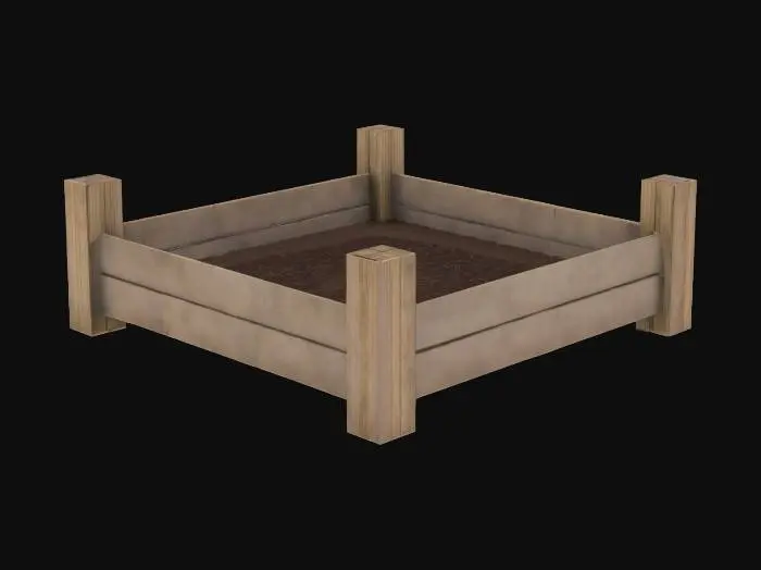 3D model for Square garden plot with a fence on three sides. The plot should be dark potting soil. The fence should be wooden. , Game Assets