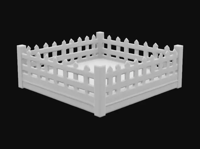3D model for Square garden plot with a fence on three sides. The plot should be dark potting soil. The fence should be wooden. , Game Assets