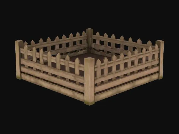 3D model for Square garden plot with a fence on three sides. The plot should be dark potting soil. The fence should be wooden. , Game Assets