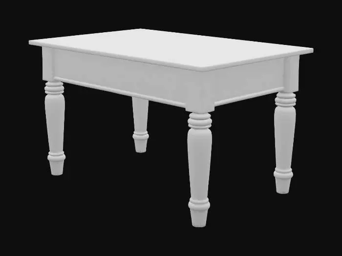 3D model for A sturdy, rectangular table crafted from smooth, polished dark oak, displaying a rich, deep brown color with visible wood grain patterns running across its surface. The tabletop is thick and flat, supported by four straight, robust legs that taper slightly towards the bottom, forming a stable structure. Its surface feels cool and solid to the touch, with a fine, even texture that reflects light subtly, highlighting its clean, functional design and natural material.