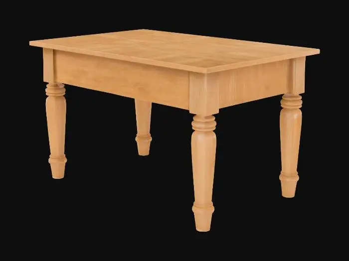 3D model for A sturdy, rectangular table crafted from smooth, polished dark oak, displaying a rich, deep brown color with visible wood grain patterns running across its surface. The tabletop is thick and flat, supported by four straight, robust legs that taper slightly towards the bottom, forming a stable structure. Its surface feels cool and solid to the touch, with a fine, even texture that reflects light subtly, highlighting its clean, functional design and natural material.