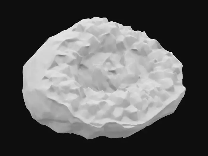 3D model for A colossal, uncut crystal formation, resembling a cluster of irregular geodes. Its facets are smooth yet slightly uneven, catching and refracting light in brilliant, internal shimmers. The crystal pulses with a deep indigo hue that subtly shifts to a lighter violet, suggesting immense magical power. It appears incredibly heavy but radiates a surprising warmth when approached.