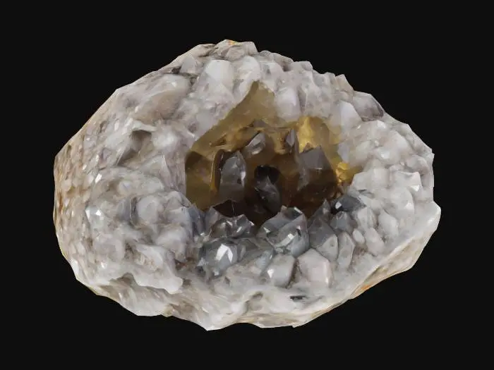 3D model for A colossal, uncut crystal formation, resembling a cluster of irregular geodes. Its facets are smooth yet slightly uneven, catching and refracting light in brilliant, internal shimmers. The crystal pulses with a deep indigo hue that subtly shifts to a lighter violet, suggesting immense magical power. It appears incredibly heavy but radiates a surprising warmth when approached.