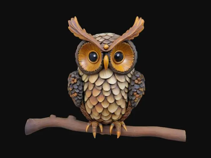 3D model for a decorative owl that is made from a pine cone, Hand Painted, Wood, Carved, Highly Detailed, steampunk