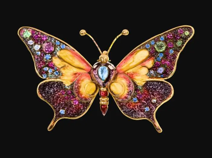 3D model for steampunk butterfly with high gloss polished gold, high gloss polished brass, High gloss polished pewter, gears, clocks, metal, leather, hand painted, bright colors