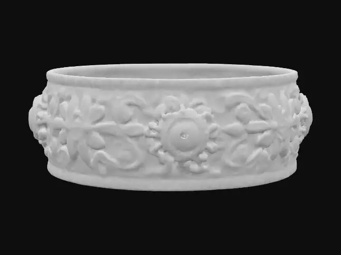 3D model for sterling silver cuff bracelet with ornate etched carvings and gemstones